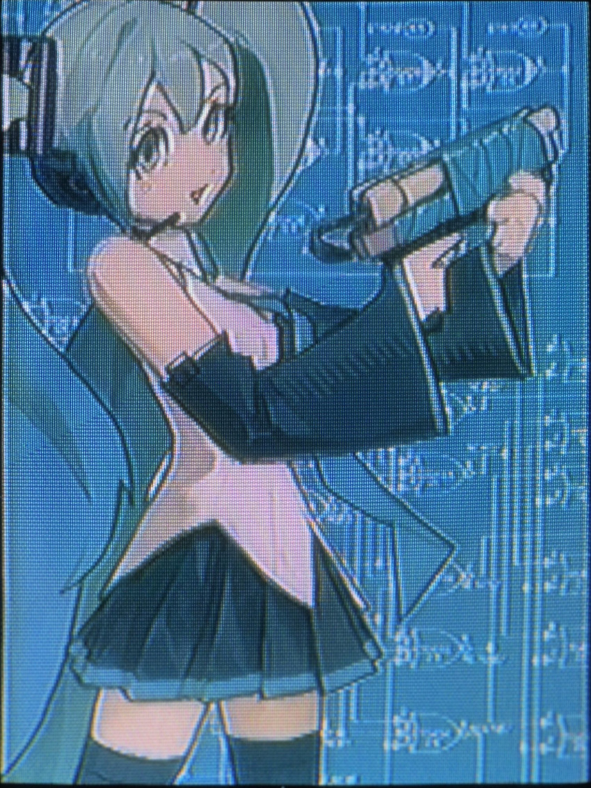 1girl, bare_shoulders, black_skirt, black_sleeves, black_thighhighs, blue_eyes, blue_hair, blue_necktie, blueprint_(object), blueprint_background, crt, detached_sleeves, duct_tape, gun, hatsune_miku, headset, highres, holding, holding_gun, holding_weapon, homemade_gun, necktie, notfuji, pleated_skirt, scanlines, skirt, solo, tape, thigh-highs, trigger_discipline, twintails, vocaloid, weapon