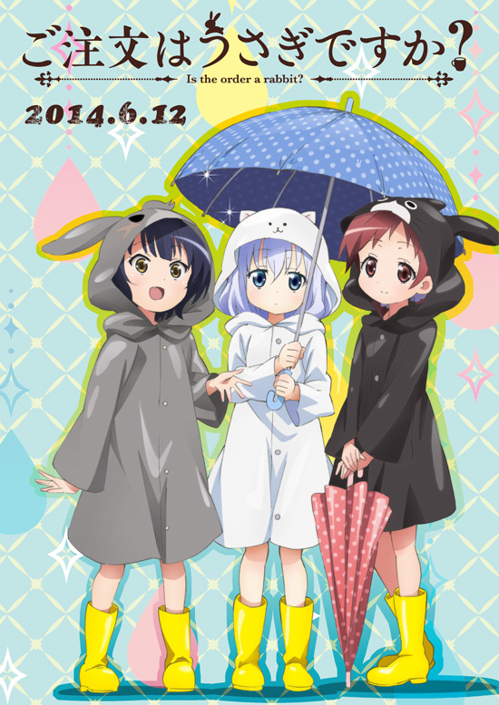 3girls, :d, abstract_background, anime_coloring, black_poncho, blue_eyes, blue_hair, blue_umbrella