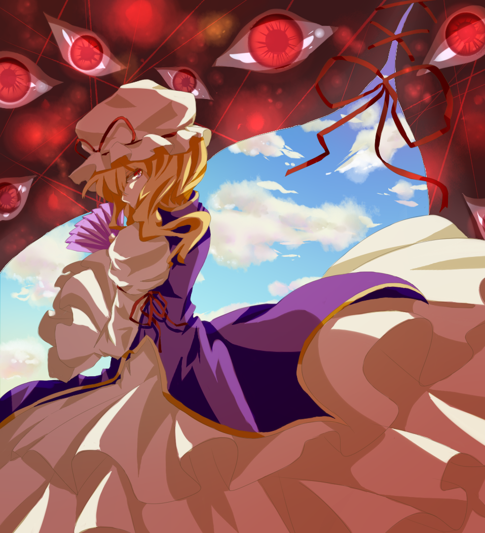 23ichiya, blonde_hair, cloud, clouds, dress, eyes, fan, folding_fan