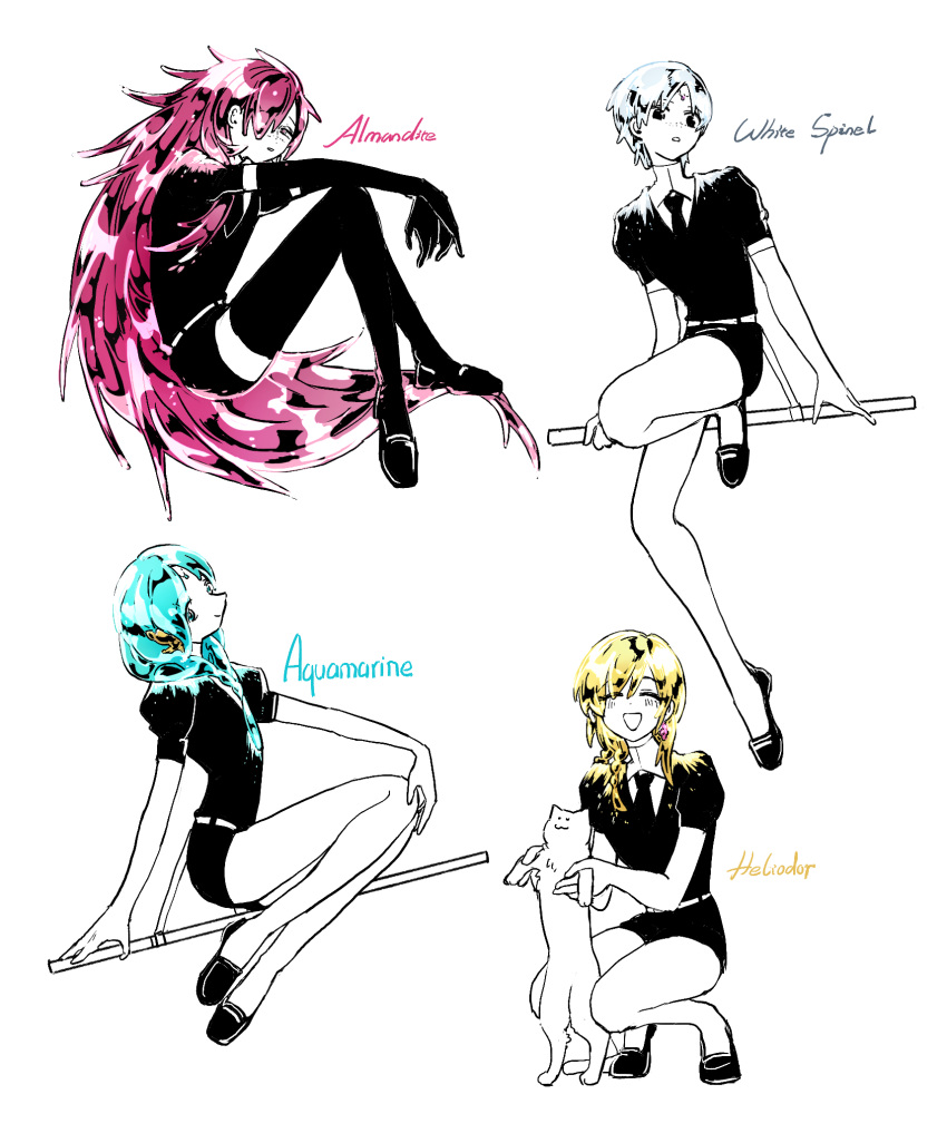 1girl, 3boys, androgynous, animal, black_eyes, blonde_hair, blue_eyes, blue_hair