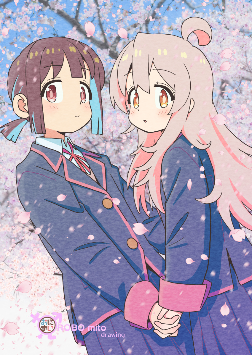 2girls, absurdres, ahoge, artist_name, black_jacket, black_skirt, blue_hair, brown_eyes