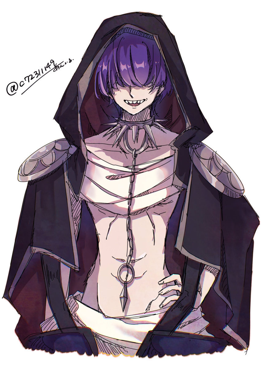 1boy, aniru, cloak, collar, cropped_torso, doron_(magi), hair_over_eyes, hand_on_own_hip