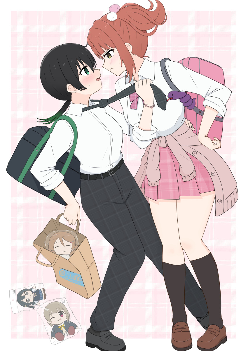 2girls, :t, ;p, absurdres, animal_charm, bag, black_hair, black_necktie, black_pants, black_shoes, black_socks, blush, border, bow, bowtie, breasts, brown_shoes, character_charm, character_doll, charm_(object), clothes_grab, commentary_request, doll, eye_contact, full_body, gradient_hair, green_eyes, green_hair, gyaru, gyarugasaki, hair_ornament, highres, holding, holding_bag, jealous, kneehighs, knees_together_feet_apart, kogal, konoe_kanata, koppehan, kuripan_plushie, loafers, long_hair, looking_at_another, love_live!, love_live!_nijigasaki_high_school_idol_club, low_ponytail, medium_breasts, multicolored_hair, multiple_girls, nakasu_kasumi, necktie, neckwear_grab, official_alternate_costume, official_alternate_hairstyle, one_eye_closed, open_mouth, orange_hair, outside_border, pants, paper_bag, pink_background, pink_bag, pink_bow, pink_bowtie, plaid_background, plaid_bow, plaid_bowtie, plaid_clothes, plaid_necktie, plaid_pants, plaid_skirt, pom_pom_(clothes), pom_pom_hair_ornament, ponytail, pout, sasuke_(love_live!), school_bag, shoes, short_sidetail, side_ponytail, skirt, sleeves_rolled_up, socks, standing, sweatdrop, teruteru_kanata, three-quarter_sleeves, tongue, tongue_out, white_border, yellow_eyes, yuki_setsuna, yuri