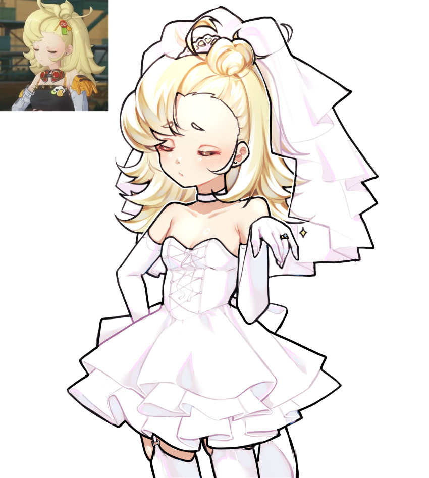 1girl, ahoge, breasts, bridal_veil, choker, closed_eyes, commentary, dress