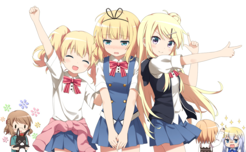 3girls, 6+girls, alice_cartelet, blonde_hair, blue_dress, blue_eyes, blue_shirt, brown_hair