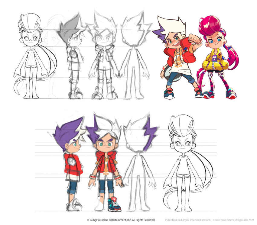 2021, 4girls, 6+boys, absurdly_long_hair, aqua_eyes, arms_at_sides, asymmetrical_hair, badge