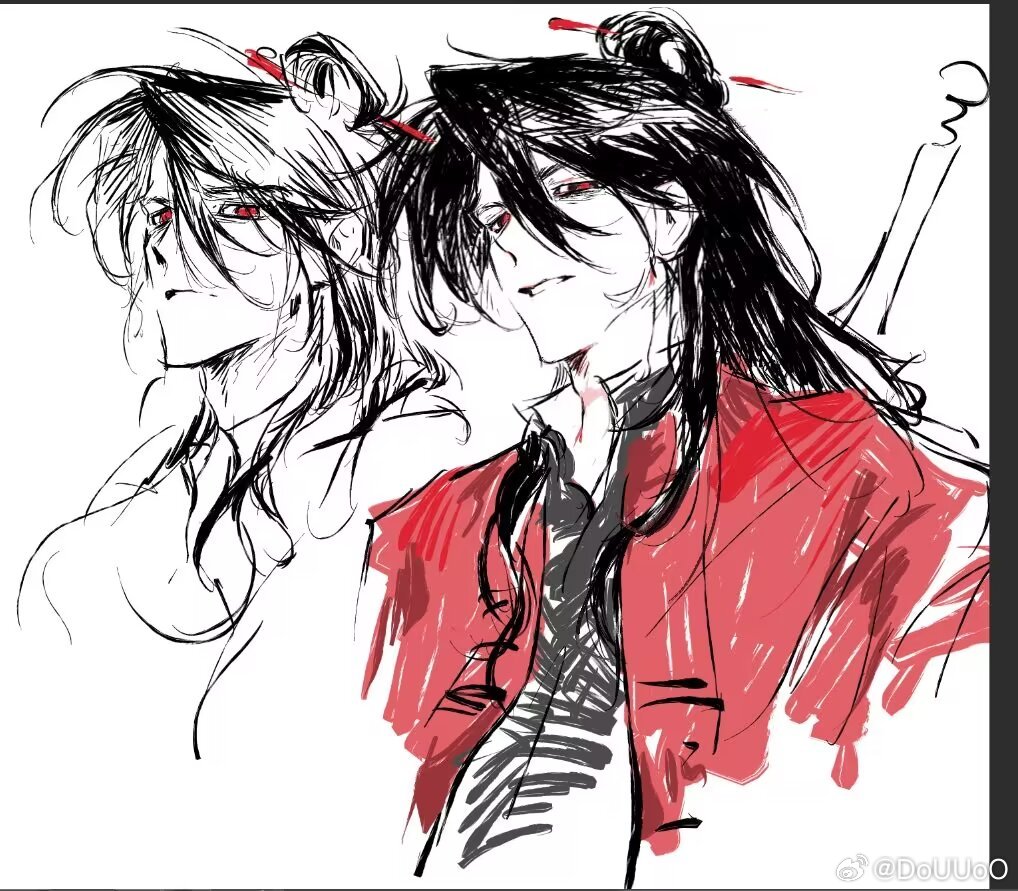 1boy, bags_under_eyes, black_hair, black_hanfu, chinese_clothes, chinese_commentary, closed_mouth, coat, dao_gui_yi_xian, douuoo, hair_between_eyes, hair_bun, hair_ornament, hair_stick, hanfu, li_huowang, long_hair, looking_at_viewer, male_focus, parted_lips, partially_colored, red_coat, red_eyes, single_hair_bun, sketch, sword, sword_on_back, upper_body, watermark, weapon, weapon_on_back, weibo_watermark, white_background