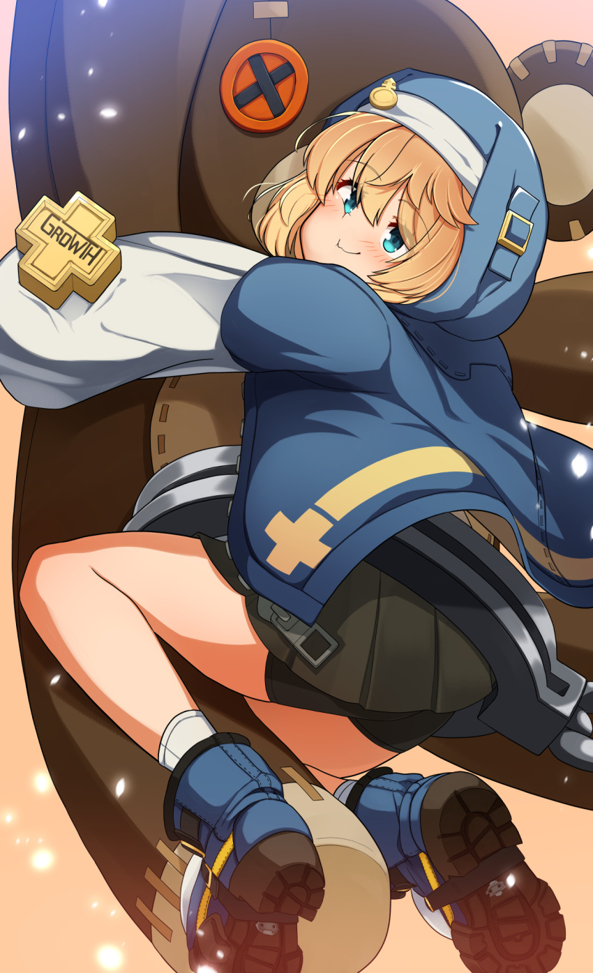 1girl, androgyne_symbol, bike_shorts, bike_shorts_under_skirt, black_skirt, blonde_hair, blue_boots, blue_eyes