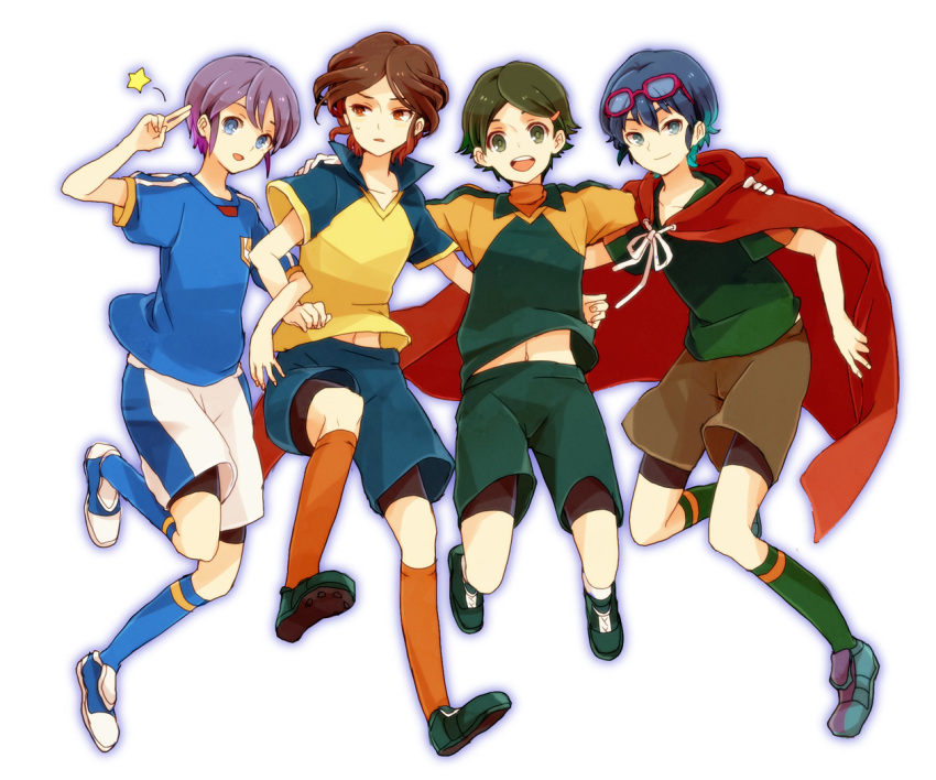 bad_id, bike_shorts, blue_eyes, blue_hair, brown_hair, cape, genderswap, glasses