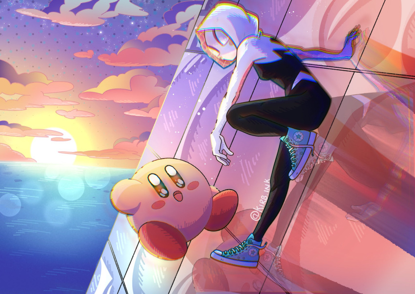 aimaay, artist_name, bodysuit, commentary, crossover, english_commentary, highres, hood, hooded_bodysuit, kirby, kirby_(series), marvel, open_mouth, smile, spider-gwen, spider-man:_across_the_spider-verse, spider-man_(series), spider-verse, spider_web_print, sun, sunrise, tongue