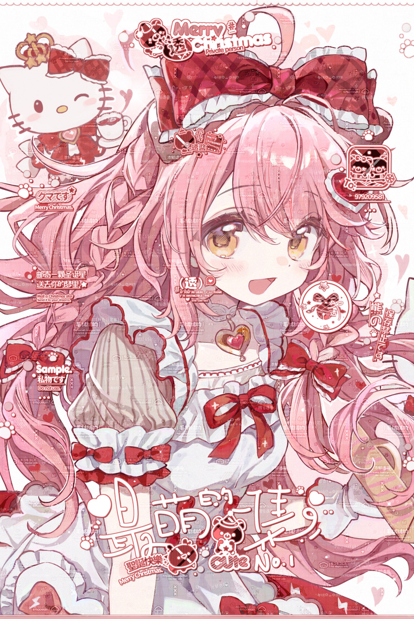 1girl, ahoge, apron, blush, bow, braid, dress, frilled_dress, frills, gloves, guoshixing, hair_between_eyes, hair_bow, hair_ornament, heart, highres, long_hair, looking_at_viewer, open_mouth, original, pink_hair, puffy_short_sleeves, puffy_sleeves, red_bow, ribbon, short_sleeves, smile, solo, stuffed_animal, stuffed_toy, white_gloves, yellow_eyes