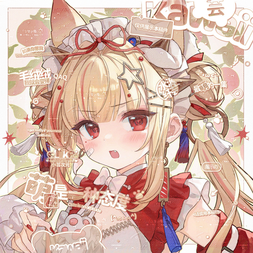 1girl, animal_ears, blonde_hair, blush, double_bun, fang, guoshixing, hair_bun