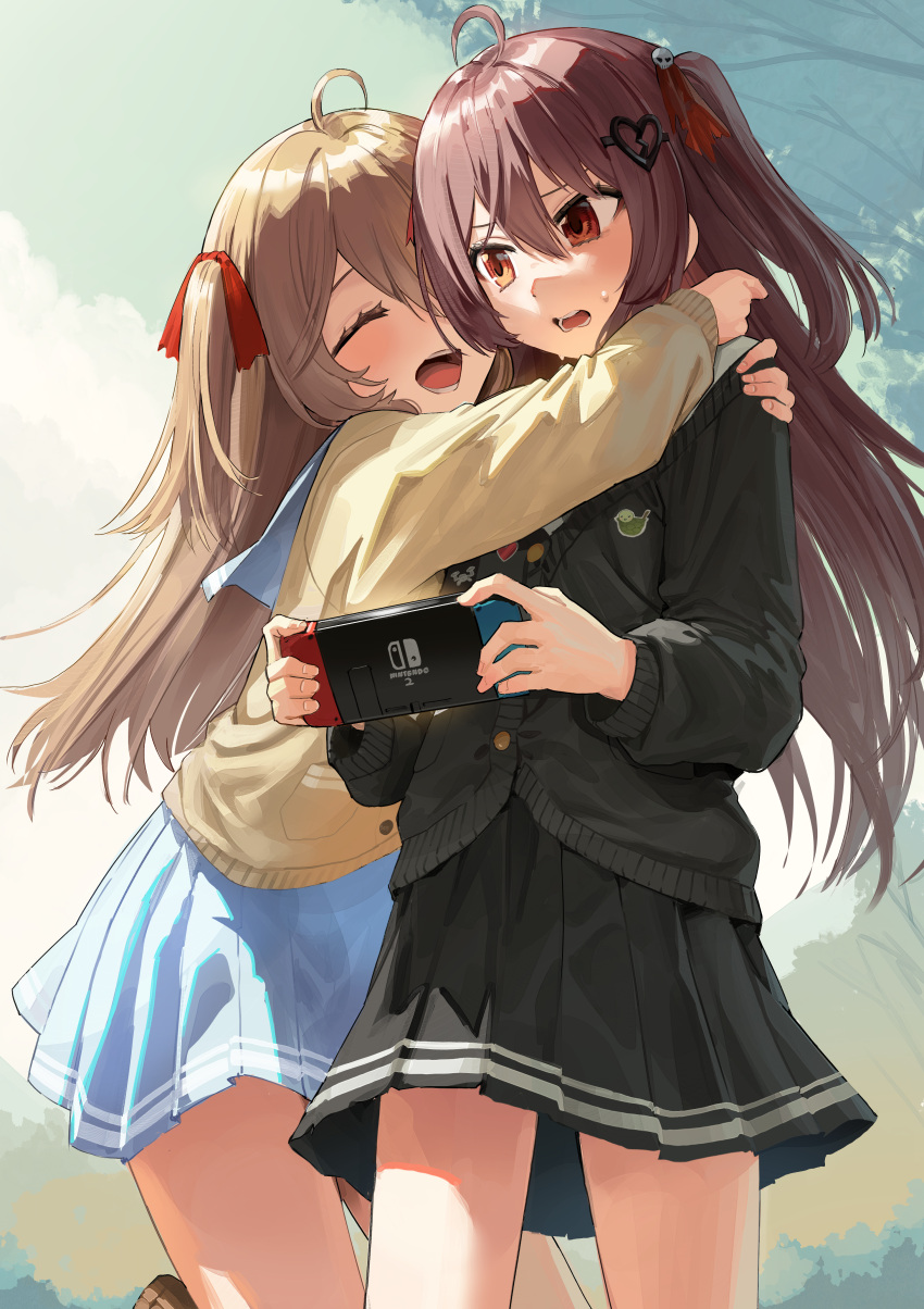 2girls, :d, ^_^, absurdres, ahoge, arms_around_neck, black_cardigan, black_skirt