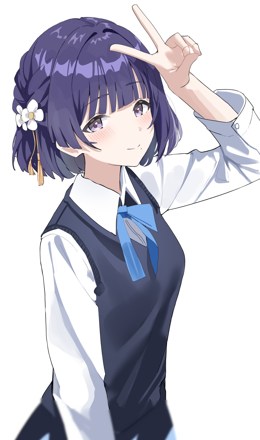1girl, absurdres, aweqdre, black_overskirt, black_vest, blue_ribbon, blunt_bangs, blush