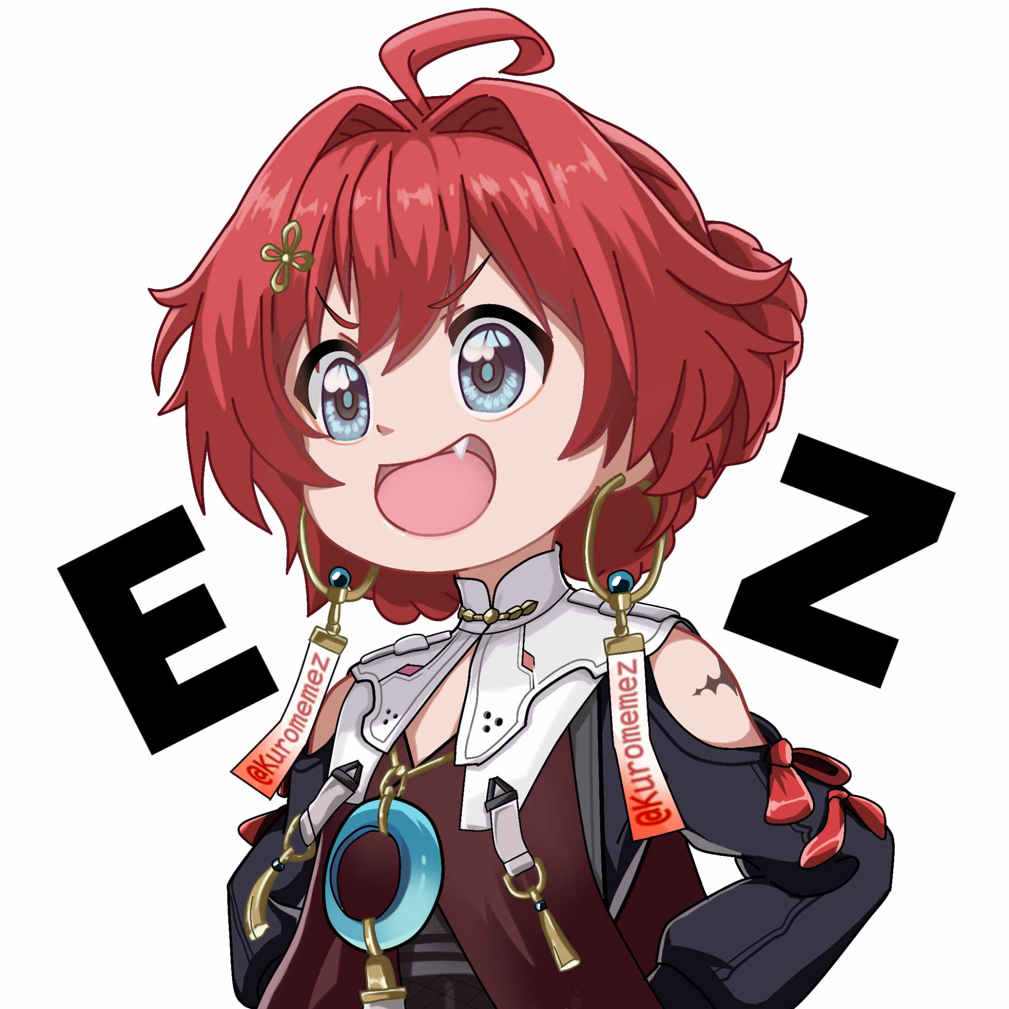 1girl, ahoge, artist_name, blue_eyes, clothing_cutout, danjin_(wuthering_waves), earrings, fang