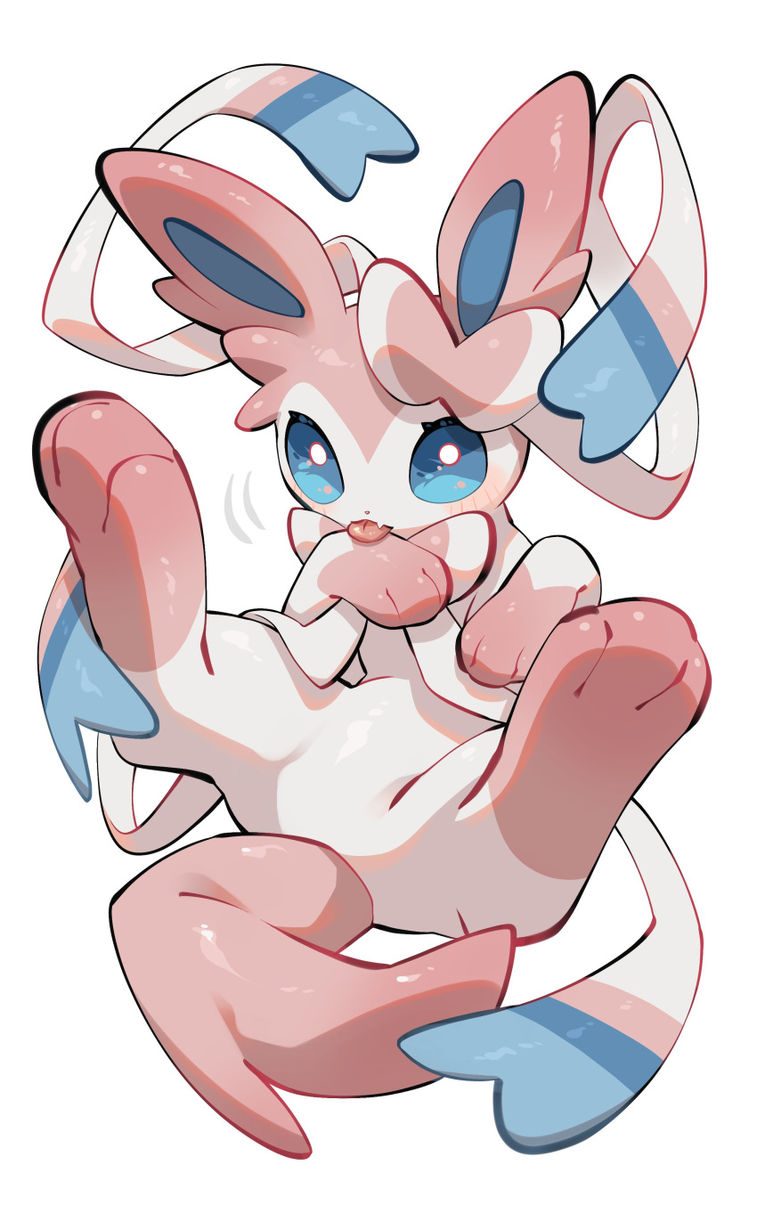 absurdres, animal_focus, blue_eyes, bow, full_body, highres, licking_paw, looking_at_viewer