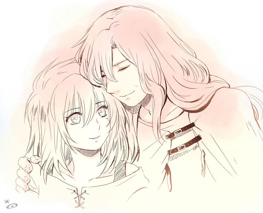 2boys, aged_down, child, closed_eyes, hair_over_one_eye, hand_on_another's_shoulder, head_on_head, head_rest