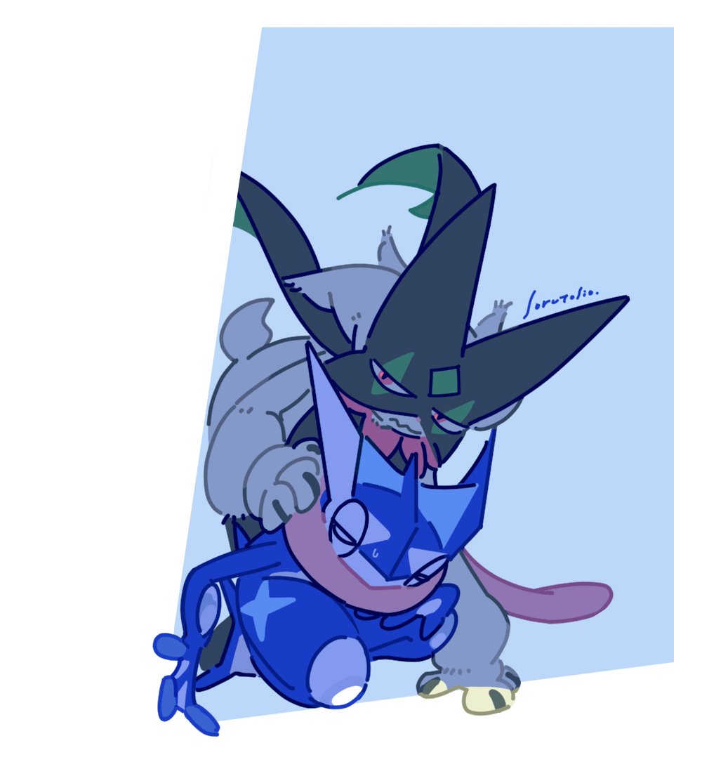 2others, closed_eyes, closed_mouth, commentary_request, greninja, hiding, jitome, meowscarada