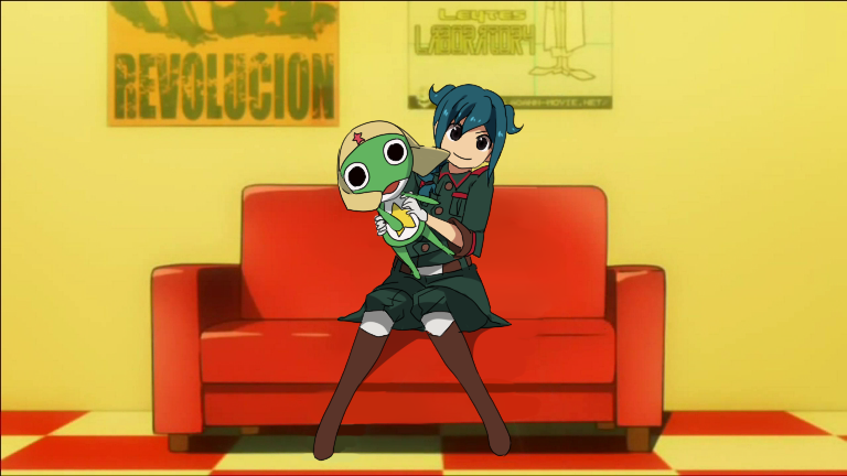 couch, green_hair, holding, inazuma_eleven, inazuma_eleven_(series), keroro, keroro_gunsou, mistorene_callus, parody, pieces_of_sweet_stars, seiyuu_connection, seiyuu_joke, smile, spanish, stuffed_toy, tengen_toppa_gurren-lagann, tengen_toppa_gurren_lagann, watanabe_kumiko, yuzuha_(artist)