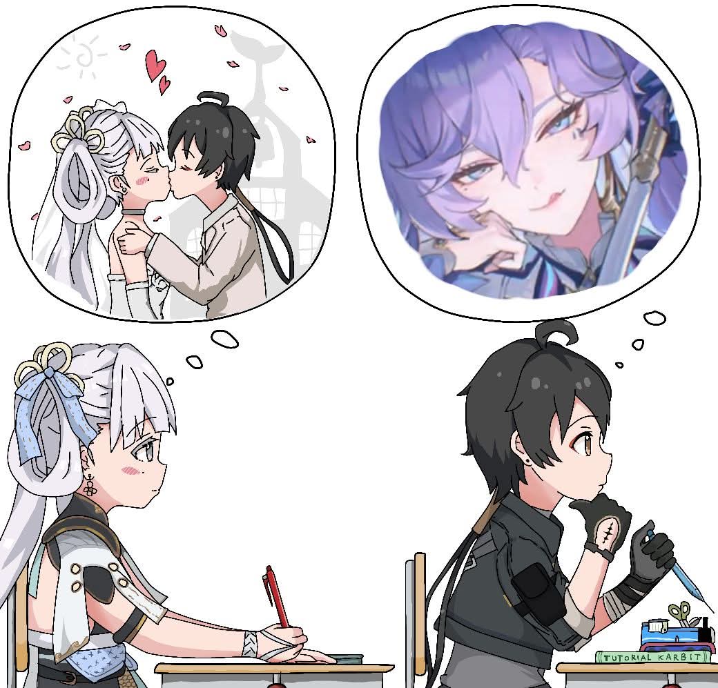 1boy, 1girl, ahoge, black_gloves, black_hair, book, bridal_veil, cantarella_(wuthering_waves)