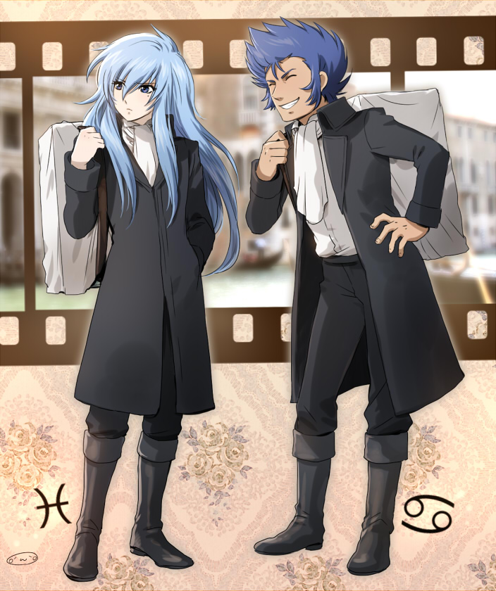 2boys, ^_^, ascot, averting_eyes, backpack, bag, black_boots, black_coat
