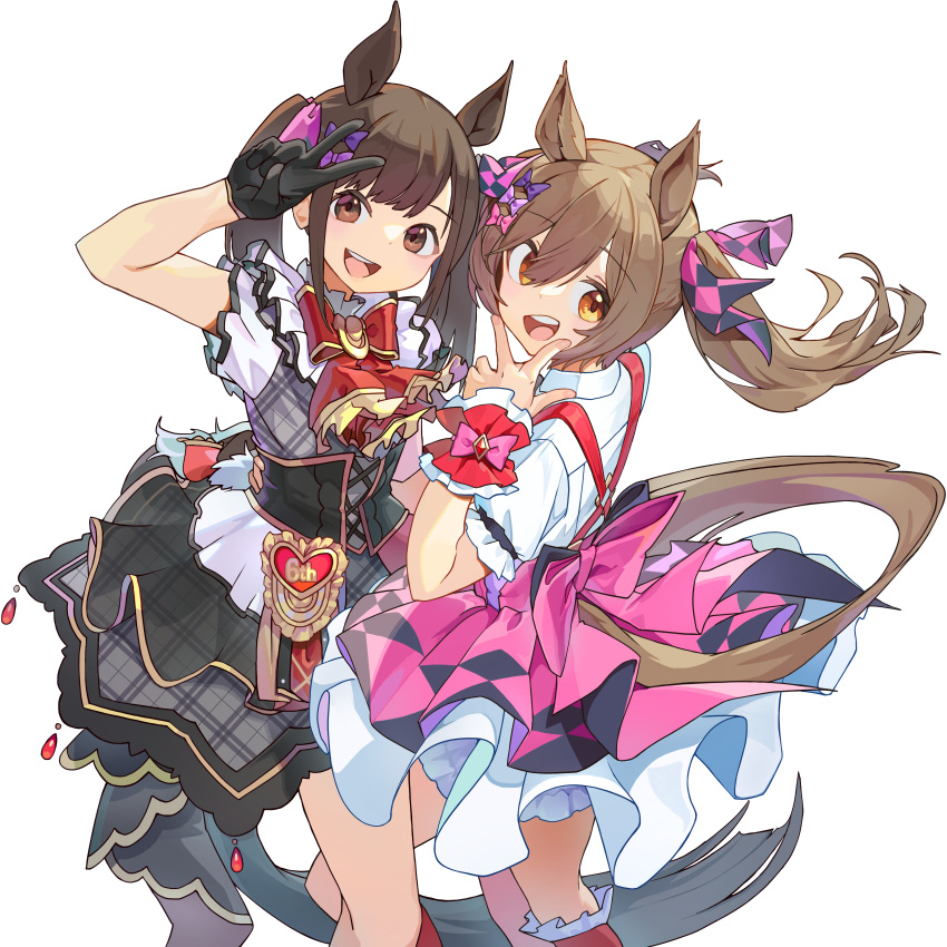:d, absurdres, animal_ears, black_gloves, black_hair, bow, brown_eyes, brown_hair, corset, ear_bow, fake_animal_ears, fake_tail, from_side, gloves, hair_between_eyes, hair_bow, heart-shaped_ornament, highres, horse_ears, horse_girl, horse_tail, kogomiza, looking_at_viewer, looking_to_the_side, multiple_hair_bows, oowada_hitomi, pink_bow, plaid_clothes, plaid_skirt, puffy_short_sleeves, puffy_sleeves, purple_bow, real_life, shirt, short_sleeves, simple_background, skirt, smart_falcon_(umamusume), smile, tail, trailblazer_bash!_(umamusume), twintails, umamusume, v, voice_actor, voice_actor_connection, white_background, white_shirt