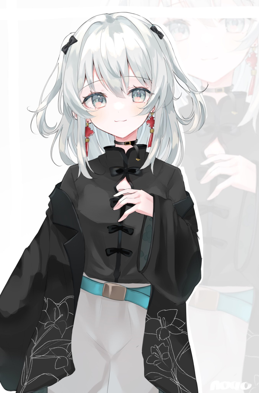 1girl, belt, black_bow, black_choker, black_jacket, black_shirt, blue_belt, blush
