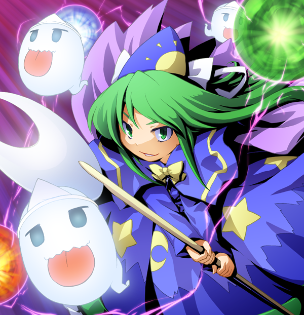 :p, bakebake, capelet, energy, ghost, green_eyes, green_hair, hat