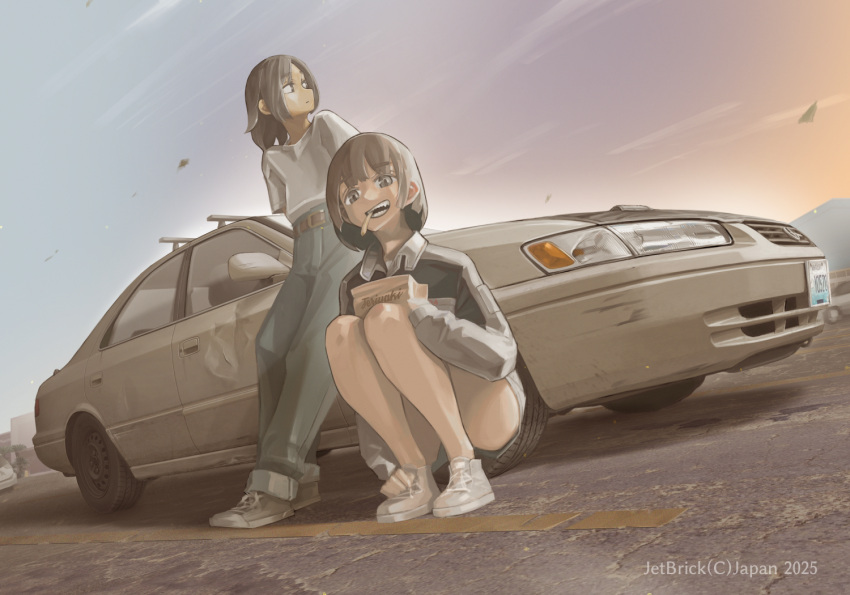 2girls, black_shoes, blue_pants, car, commentary_request, denim, english_commentary, evening