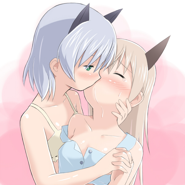 blonde_hair, blush, closed_eyes, eila_ilmatar_juutilainen, eyes_closed, green_eyes, hand_holding, holding_hands