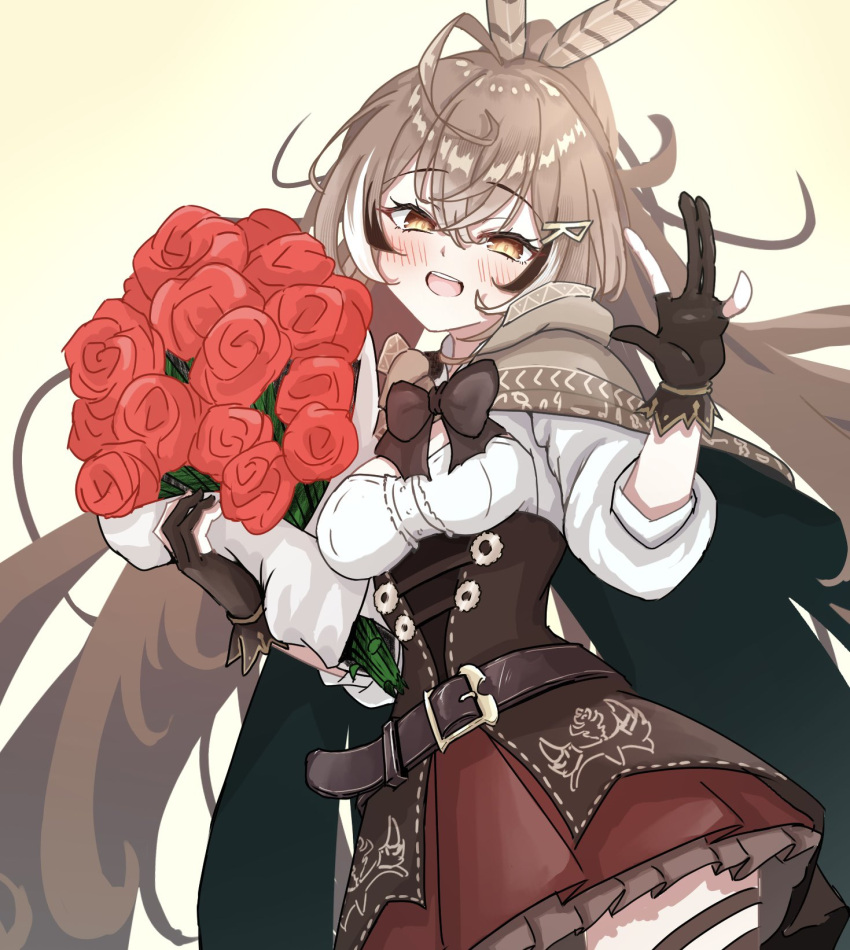 1girl, :d, ahoge, belt, blush, bouquet, brown_capelet, brown_cloak, brown_corset, brown_eyes, brown_hair, cape, capelet, cloak, corset, feather_hair_ornament, feathers, gloves, gradient_background, hair_ornament, hairclip, highres, holding, holding_bouquet, hololive, hololive_english, long_hair, looking_at_viewer, maaru_(jatjem1vy6nok0o), multicolored_hair, nanashi_mumei, nanashi_mumei_(1st_costume), partially_fingerless_gloves, ponytail, ribbon, smile, streaked_hair, upper_body, very_long_hair, virtual_youtuber, waving