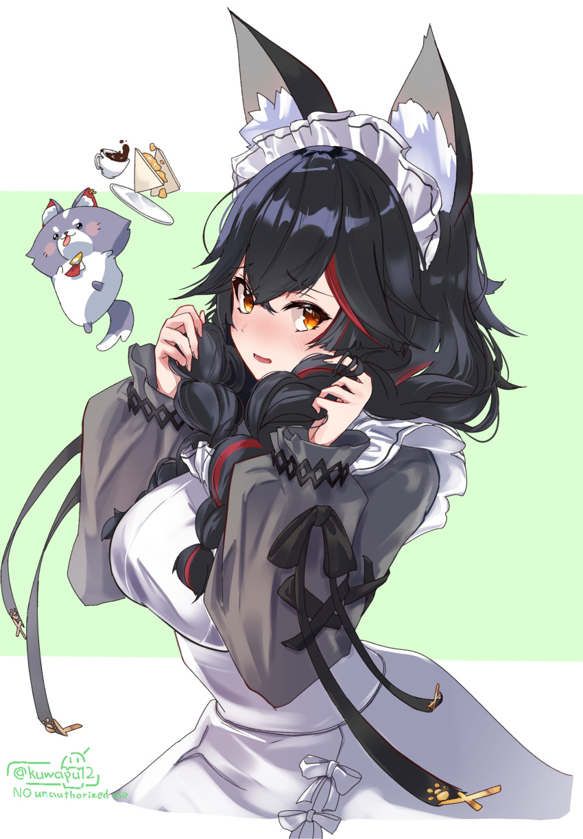 1girl, absurdres, animal_ears, black_bow, black_bowtie, black_hair, blush, bow, bowtie, braid, commentary_request, cross-laced_clothes, cross-laced_sleeves, grey_shirt, highres, holding, holding_own_hair, hololive, kuwapu12, low_twin_braids, maid_headdress, miofa_(ookami_mio), multicolored_hair, official_alternate_hairstyle, ookami_mio, ookami_mio_(8th_costume), orange_eyes, partial_commentary, red_streaks, shirt, sleeve_ribbon, solo, twin_braids, two-tone_hair, virtual_youtuber, wolf_ears, wolf_girl