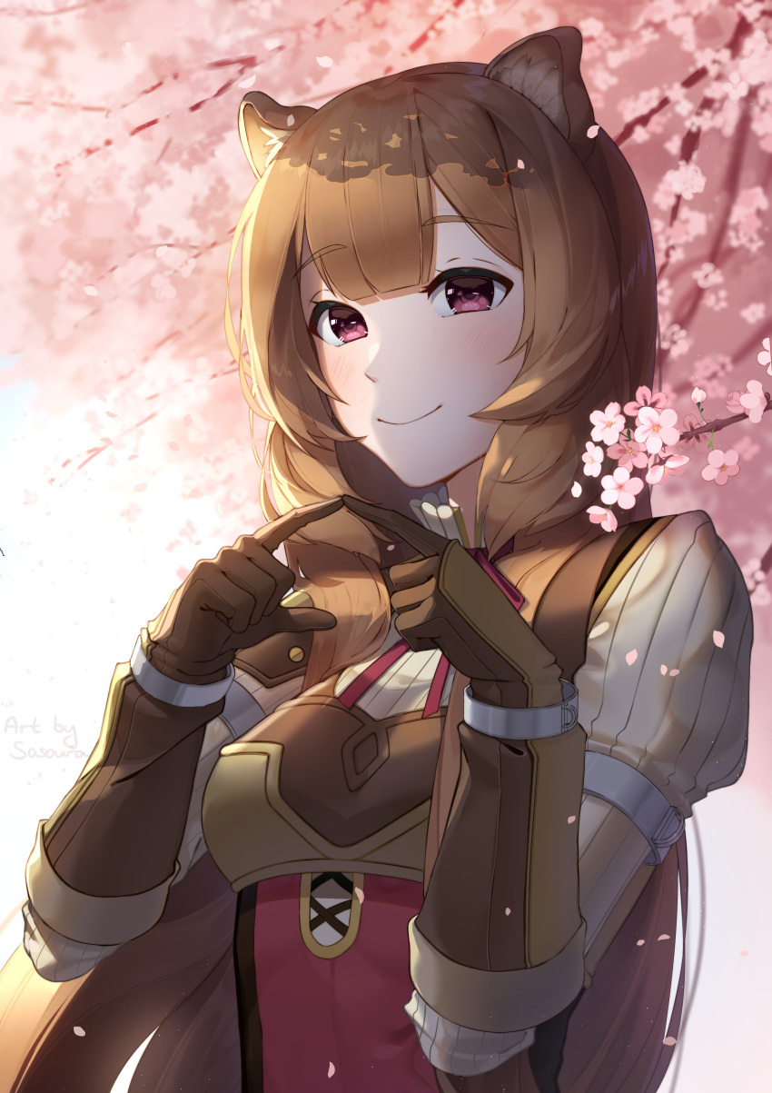 1girl, absurdres, animal_ear_fluff, animal_ears, armor, armored_gloves, black_dress, blunt_bangs, breasts, brown_gloves, brown_hair, cherry_blossoms, closed_mouth, collared_dress, commentary, dress, elbow_gloves, english_commentary, falling_petals, gloves, high_collar, highres, index_fingers_together, layered_dress, leather_armor, long_hair, long_sleeves, medium_breasts, metal_arm_cuffs, metal_wrist_cuffs, neck_ribbon, pauldrons, petals, raccoon_ears, raccoon_girl, raphtalia, red_dress, red_eyes, red_ribbon, ribbon, sasoura, shoulder_armor, single_pauldron, sleeveless, sleeveless_dress, smile, solo, striped_clothes, striped_dress, tate_no_yuusha_no_nariagari, two-tone_dress, upper_body, vertical-striped_clothes, vertical-striped_dress, white_dress