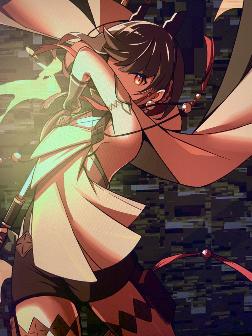 1girl, azure_striker_gunvolt, azure_striker_gunvolt_3, black_shorts, body_markings, cowboy_shot, earrings, glowing, highres, holding, holding_sword, holding_weapon, horns, jewelry, kirin_(gunvolt), looking_at_viewer, nadesukos, robe, short_hair, shorts, solo, sphere_earrings, sword, weapon