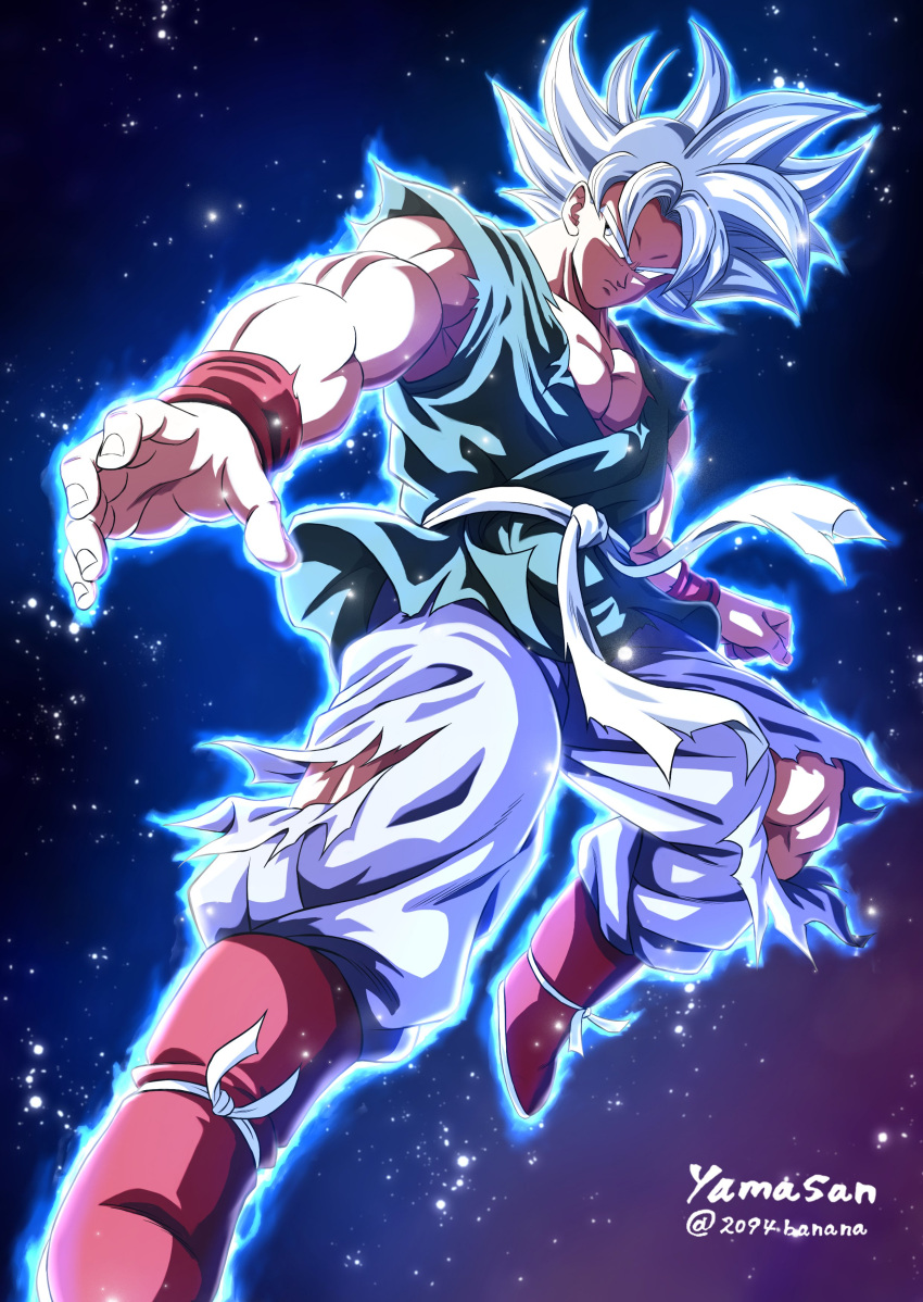 1boy, 2094banana, absurdres, artist_name, aura, blue_tunic, dougi, dragon_ball