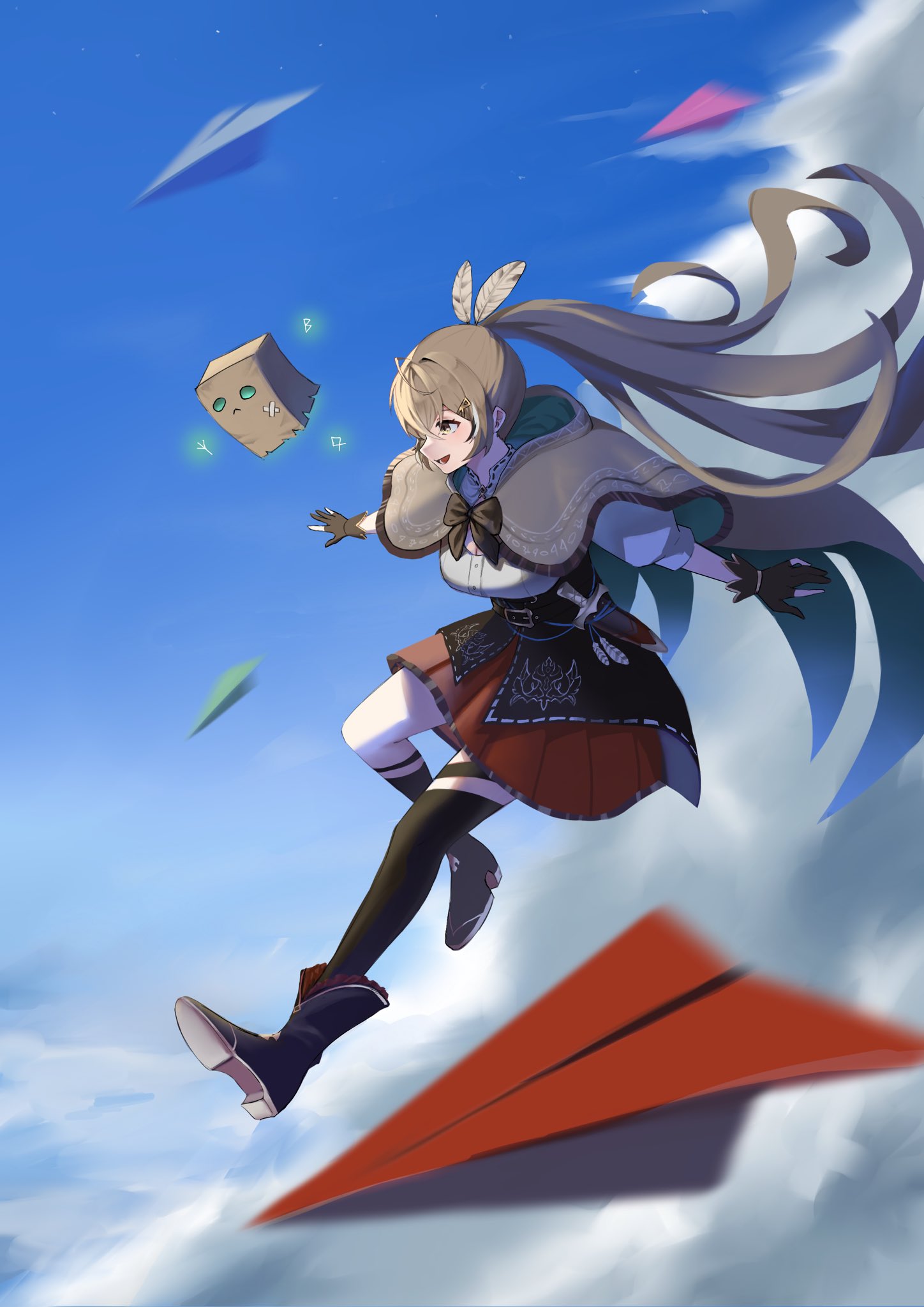 1girl, ahoge, ankle_boots, belt, blue_sky, boots, brown_capelet, brown_cloak, brown_corset, brown_eyes, brown_hair, cape, capelet, cloak, clouds, corset, dagger, falling, floating_hair, friend_(nanashi_mumei), gloves, hair_ornament, hairclip, hieroglyphics, highres, hololive, hololive_english, hood, hooded_cloak, iggy2077, kneehighs, knife, legs_up, motion_blur, multicolored_hair, nanashi_mumei, nanashi_mumei_(1st_costume), open_mouth, outstretched_arms, paper_airplane, partially_fingerless_gloves, pleated_skirt, red_skirt, ribbon, runes, shirt, single_kneehigh, single_sock, single_thighhigh, skirt, sky, smile, socks, spread_arms, streaked_hair, thigh-highs, virtual_youtuber, weapon, white_shirt