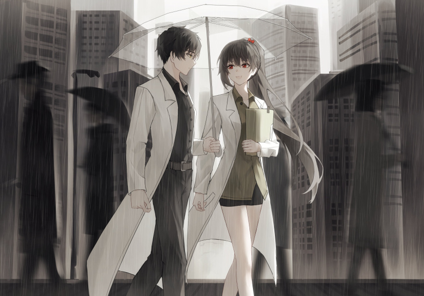 1boy, 1girl, absurdres, ayin_(project_moon), black_hair, black_pants, black_shirt, black_skirt, brown_hair, carmen_(project_moon), coat, collared_shirt, green_shirt, highres, holding, holding_umbrella, lab_coat, lobotomy_corporation, long_hair, looking_at_another, nanan_qian, open_mouth, pants, ponytail, project_moon, red_eyes, shared_umbrella, shirt, short_hair, skirt, transparent, transparent_umbrella, umbrella, very_long_hair, white_coat, yellow_eyes