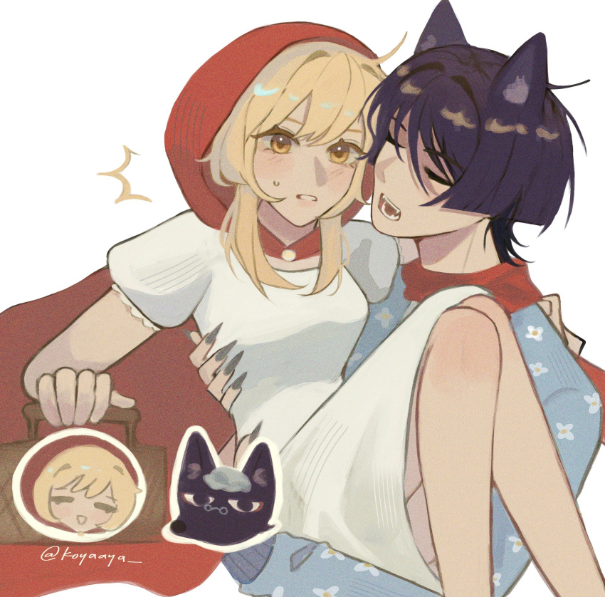 1boy, 1girl, ^^^, ahoge, alternate_costume, animal_ear_fluff, animal_ears, basket