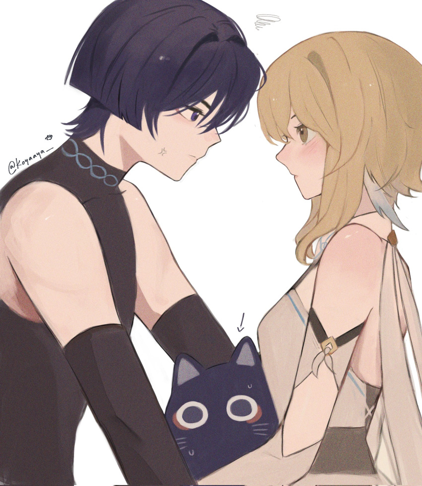 1boy, 1girl, animalization, arm_cutout, black_bodysuit, black_corset, black_gloves, blonde_hair, blue_feathers, blue_trim, blunt_ends, blush, bodysuit, boy_and_girl_sandwich, closed_mouth, corset, covered_collarbone, cross-laced_clothes, cross-laced_corset, detached_sleeves, dress, elbow_gloves, eyelashes, eyeliner, eyeshadow, feather_hair_ornament, feathers, from_side, genshin_impact, gloves, hair_ornament, hetero, highres, koyaaya, looking_at_another, lumine_(genshin_impact), makeup, person_and_animalization, purple_cat, purple_hair, red_eyeliner, red_eyeshadow, sandwiched, scaramouche_(cat)_(genshin_impact), scaramouche_(genshin_impact), scarf, short_hair, short_hair_with_long_locks, sidelocks, sideways_mouth, squiggle, tsurime, twitter_username, two-tone_feathers, violet_eyes, wanderer_(genshin_impact), white_background, white_dress, white_feathers, white_scarf, white_sleeves, yellow_eyes