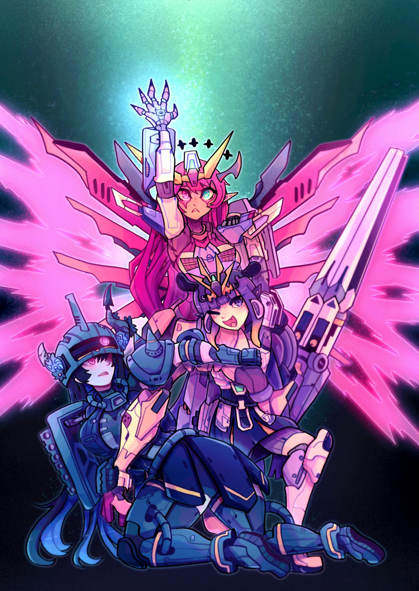 3girls, absurdres, armor, arms_up, asymmetrical_horns, black_hair, blue_eyes, blush, breasts, commentary, demon_horns, destiny_gundam, energy_wings, english_commentary, fang, fin_funnels, gouf, gradient_hair, gundam, gundam_narrative, gundam_seed, gundam_seed_destiny, halo, headgear, helmet, heterochromia, highres, hololive, hololive_english, horns, irys_(hololive), large_breasts, long_hair, long_pointy_ears, mecha_musume, mobile_suit_gundam, multicolored_hair, multiple_girls, narrative_formation, narrative_gundam, narrative_gundam_b-packs, nerissa_ravencroft, ninomae_ina'nis, one_eye_closed, open_mouth, orange_hair, pointy_ears, purple_hair, red_eyes, rocky_birdy, skin_fang, smile, star_halo, tentacle_hair, two-tone_hair, uneven_horns, v-fin, very_long_hair, violet_eyes, virtual_youtuber