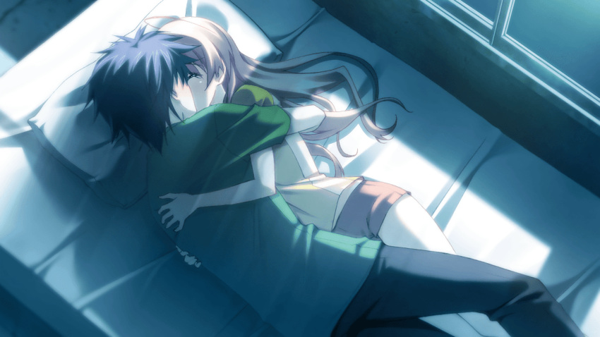 1boy, 1girl, antenna_hair, black_pants, blue_hair, blurry, blurry_background, blush