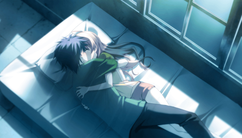 1boy, 1girl, antenna_hair, black_pants, blue_hair, blurry, blurry_background, blush, casual, chaos;head, chaos;head_love_chu_chu!, closed_eyes, couple, facing_another, from_behind, game_cg, green_shirt, happy, head_on_pillow, hetero, highres, hug, interlocked_legs, kiss, long_hair, lying, matsuo_yukihiro, messy_hair, moonlight, night, nishijou_takumi, non-web_source, official_art, on_bed, on_side, pants, pillow, pink_hair, pink_shorts, sakihata_rimi, shiny_skin, shirt, short_hair, short_sleeves, shorts, spiky_hair, tile_floor, tiles, window, yellow_shirt