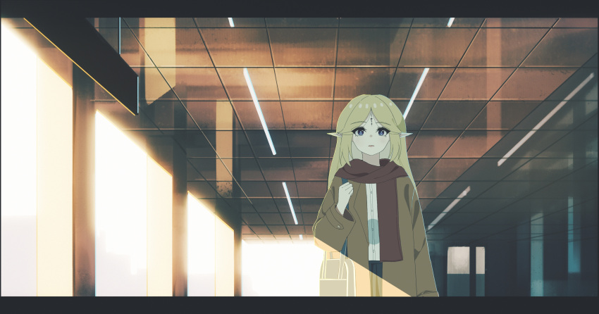 1girl, absurdres, alternate_costume, bag, black_skirt, blonde_hair, blue_eyes, brown_coat, cartethyia_(wuthering_waves), chasing_summer, coat, commentary, cowboy_shot, highres, indoors, letterboxed, light_smile, long_hair, parted_lips, pointy_ears, red_scarf, scarf, school_bag, shirt, sidelocks, skirt, solo, tacet_mark_(wuthering_waves), train_station, white_shirt, wuthering_waves