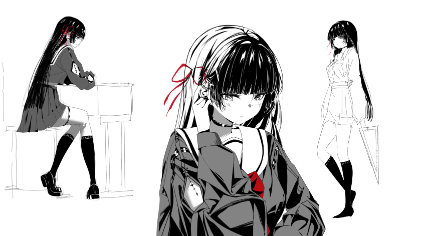 1girl, absurdres, arm_cutout, breasts, chasing_summer, chisa_(wuthering_waves), choker, commentary_request, hair_ribbon, hand_up, highres, kneehighs, light_blush, long_hair, looking_at_viewer, medium_breasts, mole, mole_under_eye, multiple_views, neckerchief, parted_lips, red_neckerchief, red_ribbon, ribbon, sailor_collar, school_uniform, serafuku, shirt, sitting, skirt, socks, spot_color, tacet_mark_(wuthering_waves), wuthering_waves