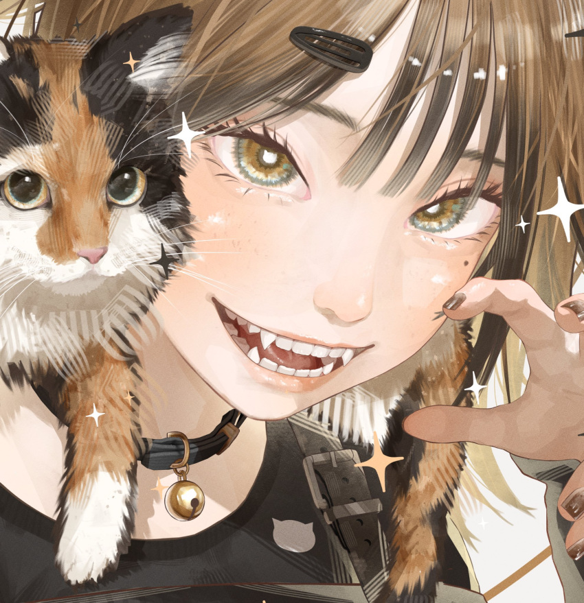 1girl, animal_on_shoulder, bell, belt, belt_buckle, belt_collar, black_belt, black_nails, black_shirt, blunt_bangs, bright_pupils, brown_eyes, brown_hair, buckle, calico, cat, cat_on_shoulder, claw_pose, collar, eyelashes, eyeshadow, fangs, gradient_hair, hair_ornament, hairclip, happy, highres, lips, long_hair, long_sleeves, makeup, mole, mole_under_eye, multicolored_hair, nail_polish, neck_bell, noranucoo, open_mouth, original, pink_eyeshadow, pink_lips, shirt, shoulder_belt, simple_background, sleeves_past_wrists, smile, solo, sparkle, teeth, thick_eyebrows, upper_body, white_background, white_pupils