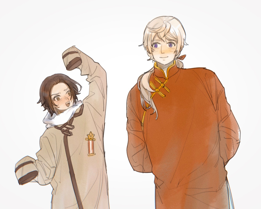2622547117, 2boys, alternate_hairstyle, arm_up, arms_behind_back, axis_powers_hetalia, blush, brown_coat, brown_eyes, brown_hair, changpao, china_(hetalia), china_(hetalia)_(cosplay), chinese_clothes, chinese_commentary, closed_mouth, coat, collared_coat, commentary_request, cosplay, costume_switch, hair_ribbon, highres, long_hair, long_sleeves, looking_at_another, low_ponytail, male_focus, mandarin_collar, medal, multiple_boys, open_mouth, ponytail, purple_hair, red_ribbon, red_shirt, ribbon, russia_(hetalia), russia_(hetalia)_(cosplay), scarf, shirt, short_hair, simple_background, smile, standing, star_ornament, sweat, white_background, white_hair, white_scarf, wide_sleeves