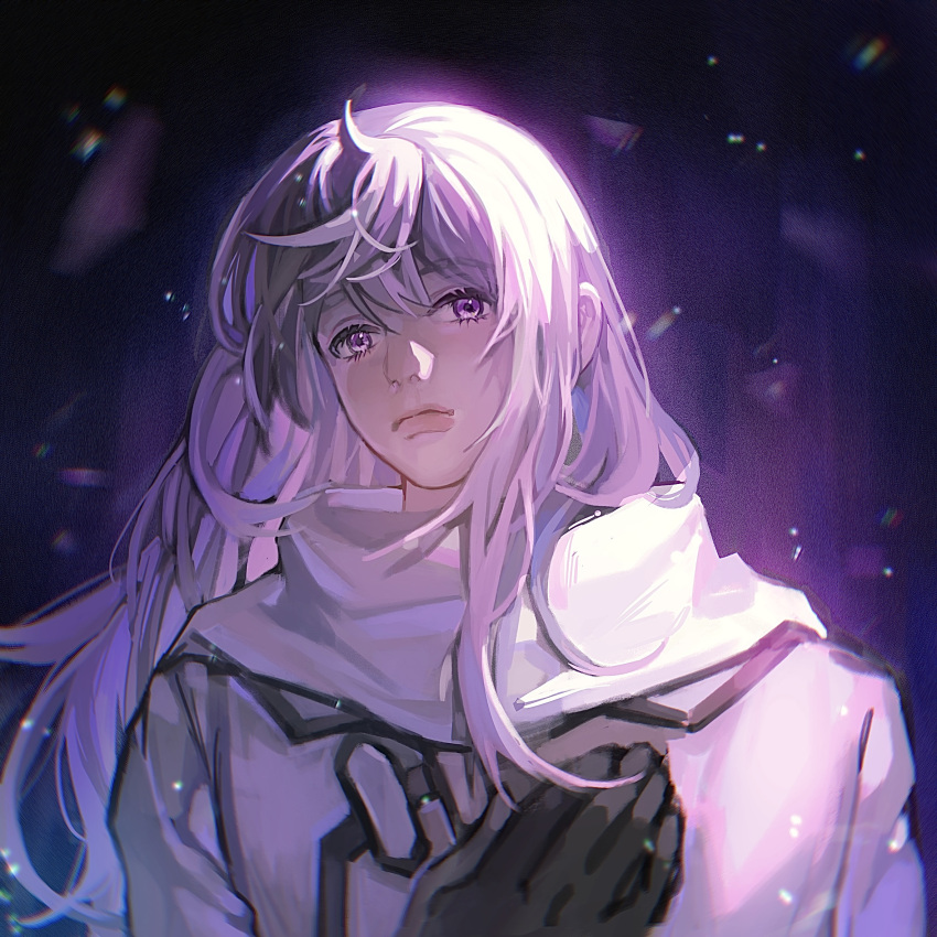 1girl, 2622547117, axis_powers_hetalia, black_background, black_gloves, chinese_commentary, closed_mouth, coat, collared_coat, colored_inner_hair, commentary_request, genderswap, genderswap_(mtf), gloves, grey_hair, hair_between_eyes, hand_on_own_chest, highres, lips, long_hair, long_sleeves, looking_at_viewer, multicolored_hair, pink_hair, russia_(female)_(hetalia), russia_(hetalia), scarf, simple_background, single_sidelock, solo, upper_body, violet_eyes, white_coat, white_scarf