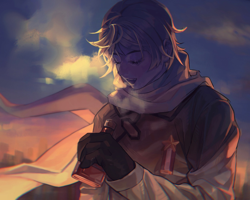 1boy, 2622547117, absurdres, axis_powers_hetalia, black_gloves, blonde_hair, blue_sky, blush, bottle, brown_coat, closed_eyes, coat, collared_coat, commentary_request, evening, floating_clothes, gloves, gradient_sky, hand_up, highres, holding, holding_bottle, long_sleeves, male_focus, medal, open_mouth, orange_sky, outdoors, russia_(hetalia), scarf, short_hair, sky, smile, solo, star_ornament, sunset, teeth, upper_body, white_scarf
