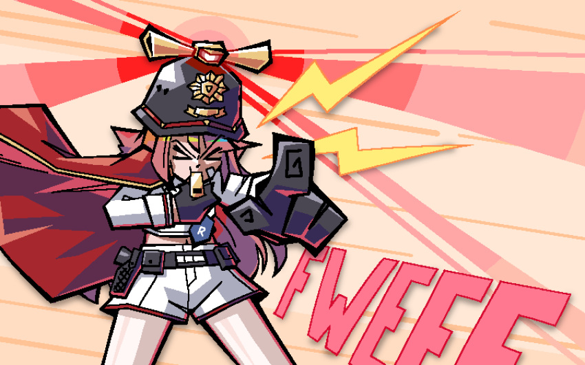 >_<, 1girl, alarm_siren, azur_lane, bandaid, bandaid_on_face, black_gloves, blowing_whistle