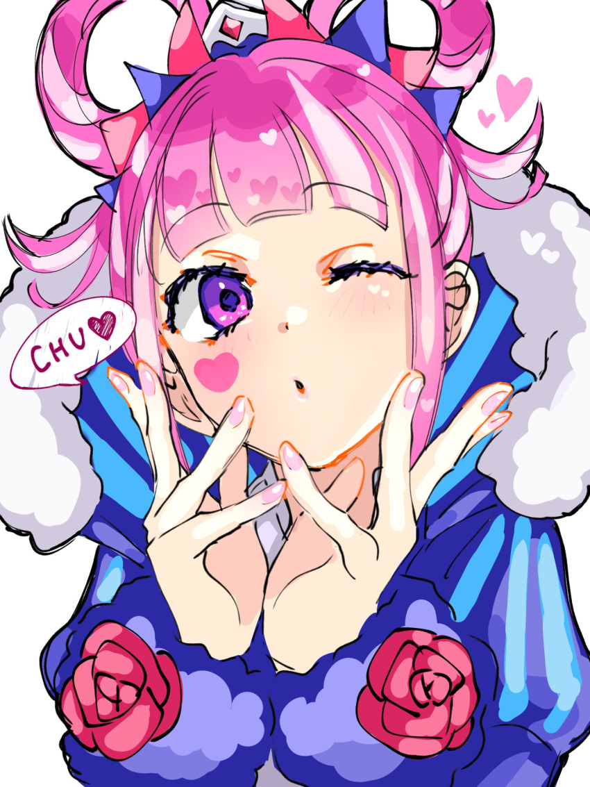 1girl, ;o, blowing_kiss, blunt_bangs, dress, facial_mark, fire_emblem, fire_emblem_engage, folded_twintails, fur_wrist_cuffs, hair_flaps, hair_rings, heart, heart_facial_mark, highres, hortensia_(fire_emblem), kataagetokage, looking_at_viewer, multicolored_hair, multicolored_tiara, nail_polish, one_eye_closed, pink_eyes, pink_hair, pink_nails, princess, sidelocks, solo, striped_clothes, striped_dress, two-tone_hair, vertical-striped_clothes, vertical-striped_dress, wrist_cuffs